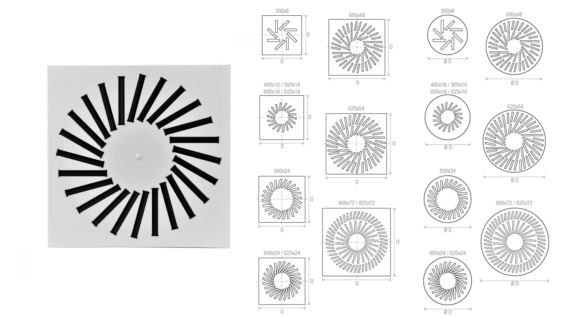 BQE3 Swirl diffusers with adjustable throws For ceiling installation and for air intake, installation height: 2,5 – 4,1 m